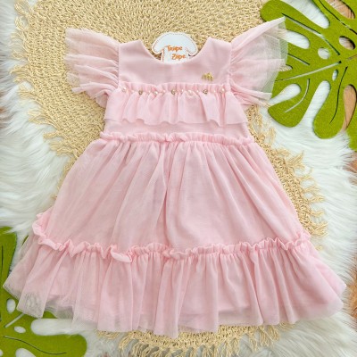 Vestido em Tule com Pérolas - Rosa